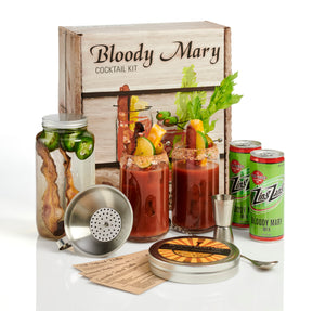Craft Connections Co Bloody Mary Cocktail Kit includes Beer Can Style Glassware Zing Zang Bloody Mary Mix Rokz Bloody Mary Rimming Salt Bar Spoon Jigger Funnel and Strainer Infusion Jar for Infused Vodka Garnish Pick and Recipe Cards
