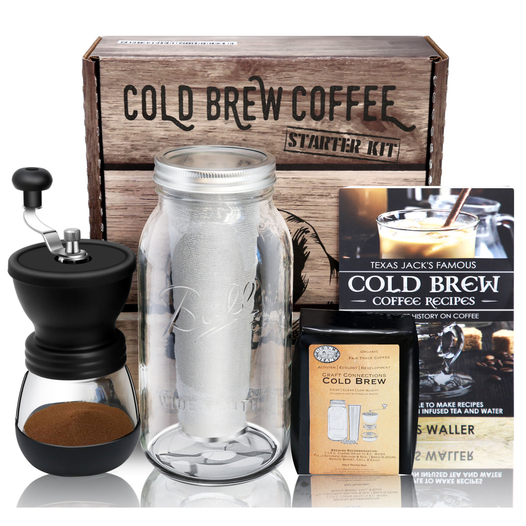 Craft Connections Co Cold Brew Coffee Starter Kit complete with Ceramic Burr Manual Grinder Dean's Beans Organic Cold Brew Whole Bean Blend Ball Widemouth Half Gallon Mason Jar with Stainless Fine Mesh Conical Filter Basket and Cold Brew Coffee Recipe and Instruction Book Complete with Professional Packaging Making this a Great Gift to Cold Brew Lovers