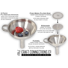 Load image into Gallery viewer, Craft Connections Co Stainless Steel Funnel with Removable Strainer and Fine Mesh Filter Disc Perfect for Filter you Infusion and Easy Dispensing from Infusion Jar to Liquor Serving Bottle
