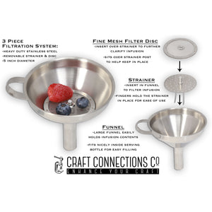 Craft Connections Co Stainless Steel Funnel with Removable Strainer and Fine Mesh Filter Disc Perfect for Filter you Infusion and Easy Dispensing from Infusion Jar to Liquor Serving Bottle