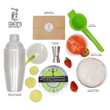 Load image into Gallery viewer, Craft Connections Co Margarita Cocktail Kit Components 750 ml Cocktail Shaker Set of 11 oz Rocks Glasses Citrus Squeezer Lime Infused Margarita Salt Stainless Jigger Margarita Recipe Cards
