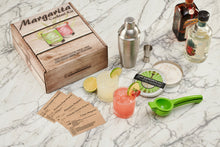 Load image into Gallery viewer, Craft Connections Co Margarita Cocktail Kit has all the tools and recipes to make classic margarita drinks at home. Packaged nicely in a printed wood like crate corrugate box, this cocktail kit makes the perfect gift

