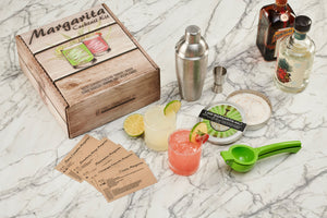 Craft Connections Co Margarita Cocktail Kit has all the tools and recipes to make classic margarita drinks at home. Packaged nicely in a printed wood like crate corrugate box, this cocktail kit makes the perfect gift