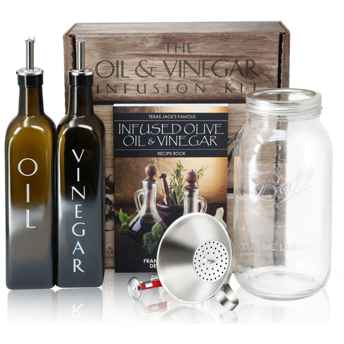 Craft Connections Co Oil and Vinegar Infusion Kit with Oil Bottles and Pourers Large Ball Mason Wide Mouth Jar Stainless Funnel Filter with Strainer Kitchen Thermometer and Recipe and Instruction Book
