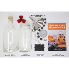 Load image into Gallery viewer, Craft Connections Co Spirit Infusion Components 750 mL Serving Bottle 1000 mL Infusion Jar Stainless Funnel and Strainer with Fine Mesh Filter Disc Chalkboard Hang Tag and Recipe and Instruction Book

