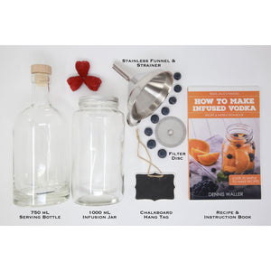 Craft Connections Co Spirit Infusion Components 750 mL Serving Bottle 1000 mL Infusion Jar Stainless Funnel and Strainer with Fine Mesh Filter Disc Chalkboard Hang Tag and Recipe and Instruction Book