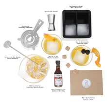Load image into Gallery viewer, Craft Connections Co Whiskey Cocktail Kit Complete with Hella Cocktail Co Aromatic Bitters 700 ml Crystal Cocktail Mixing Glass with Stainless Cocktail Strainer Stainless Bar Spoon with Muddler Stainless Jigger Set of Stainless Garnish Picks Set of 11 oz Rocks Glasses Silicone Ice Cube Mold with Lid Whiskey Cocktail Recipe Cards
