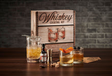 Load image into Gallery viewer, Craft Connections Co Whiskey Cocktail Kit bar set includes all the tools needed for a beginner looking to explore whiskey cocktails. Mixing glass, bar strainer, rocks glasses, Hella Cocktail Co Aromatic Bitters, Bar Spoon, Jigger, Garnish Picks, Silicone Ice Cube Mold, sand classic bourbon cocktail recipe cards
