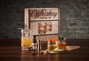 Craft Connections Co Whiskey Cocktail Kit bar set includes all the tools needed for a beginner looking to explore whiskey cocktails. Mixing glass, bar strainer, rocks glasses, Hella Cocktail Co Aromatic Bitters, Bar Spoon, Jigger, Garnish Picks, Silicone Ice Cube Mold, sand classic bourbon cocktail recipe cards